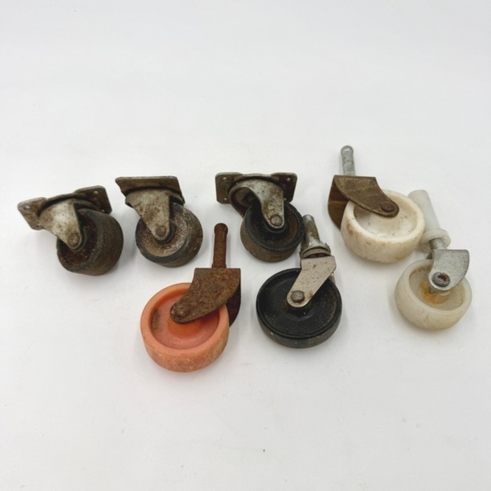 Vintage Antique Mixed Caster Wheels Lot of 7 Industrial Metal Rubber Swivel Stem